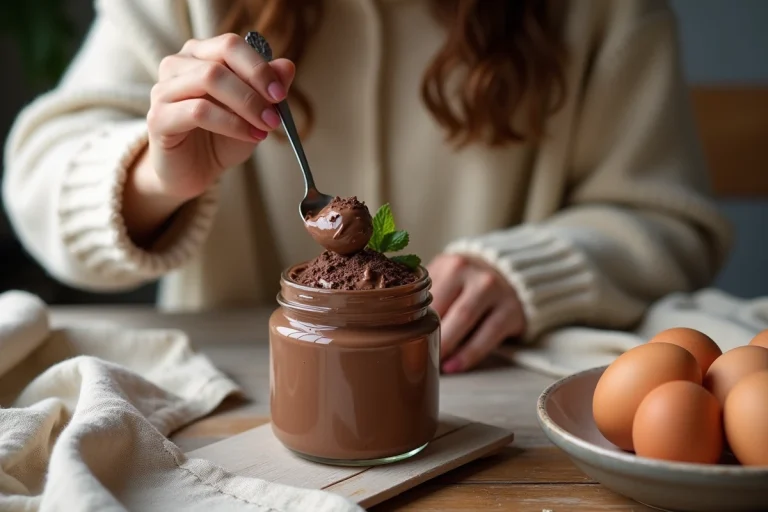 Jeune femme dégustant une mousse au chocolat dans une ambiance chaleureuse