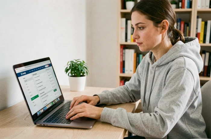 Femme naviguant sur le plan du site soyezsport.fr depuis un bureau à domicile