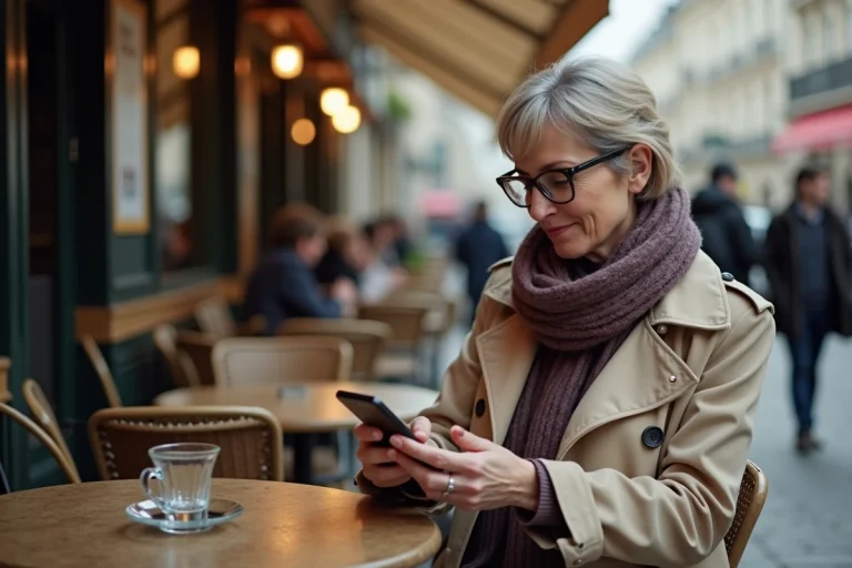Femme lisant les actualités sur son smartphone à Paris