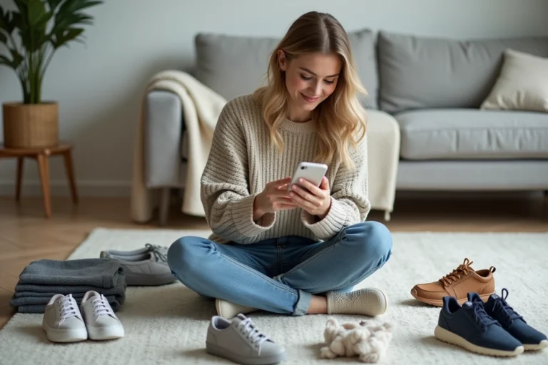 Femme assise photographiant des sneakers avec son smartphone