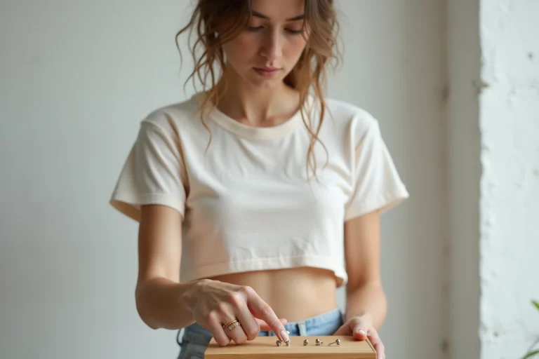 Jeune femme examinant un bijou de piercing sternum en acier chirurgical sur un plateau en bois dans un studio moderne