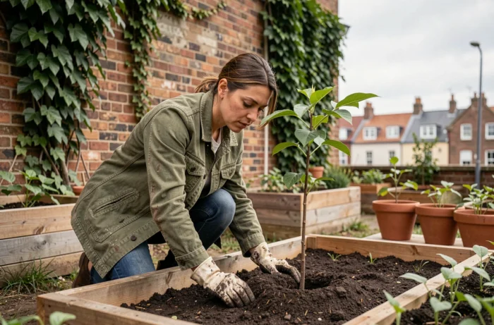 Femme en veste verte plantant un jeune arbre dans un jardin urbain communautaire, engagement écologique concret