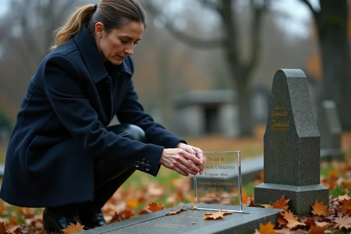 Femme posant une plaque funéraire en plexiglas gravée doré sur une tombe en automne