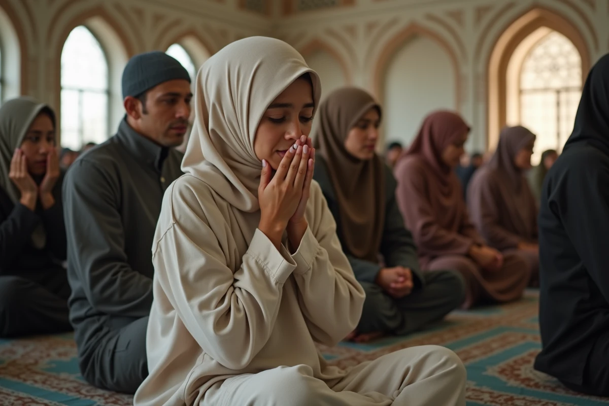 Jeune femme priant dans une mosquée avec fatigue
