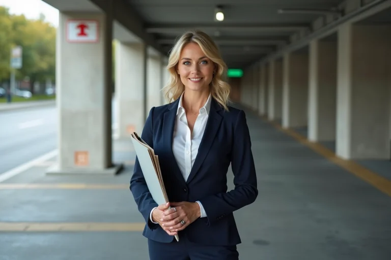 Femme confiante devant parking moderne en extérieur