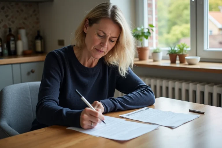 Femme d'âge moyen remplissant une demande de permis de stationnement à la maison
