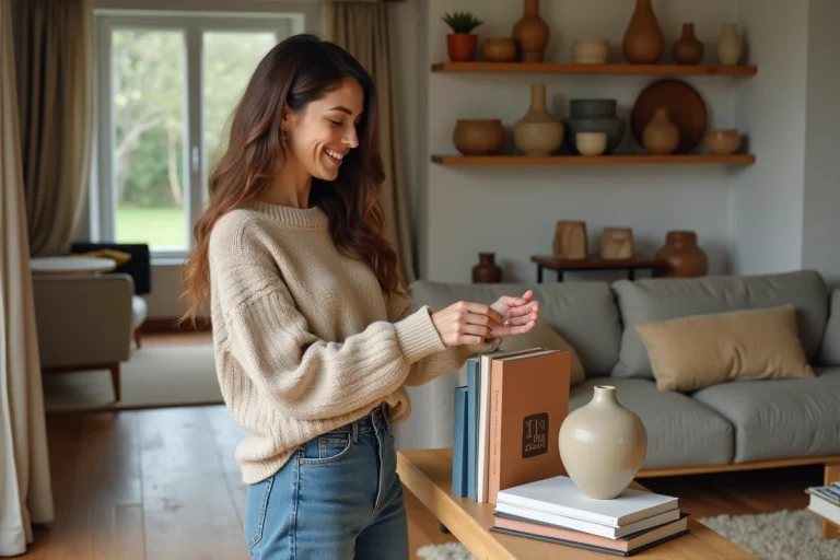 Femme souriante dans un salon moderne et chaleureux