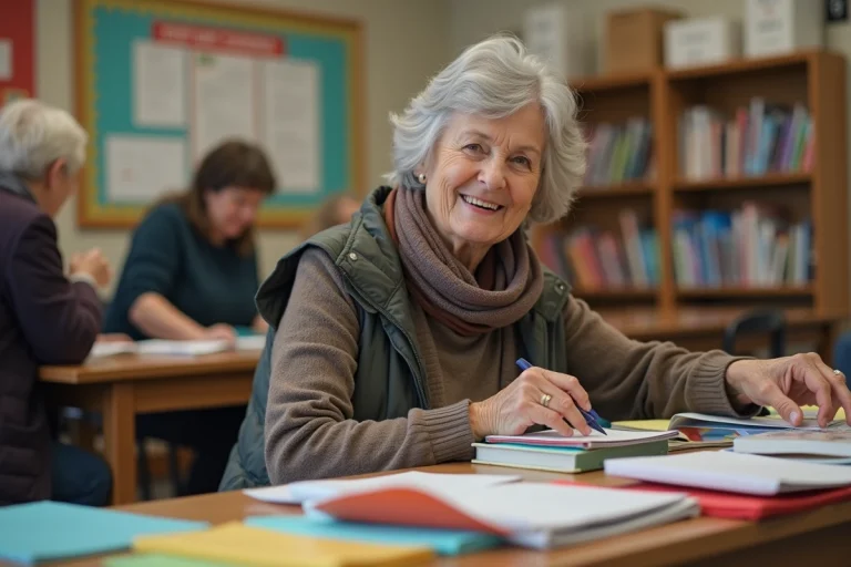 Femme senior triant des livres dans un centre communautaire