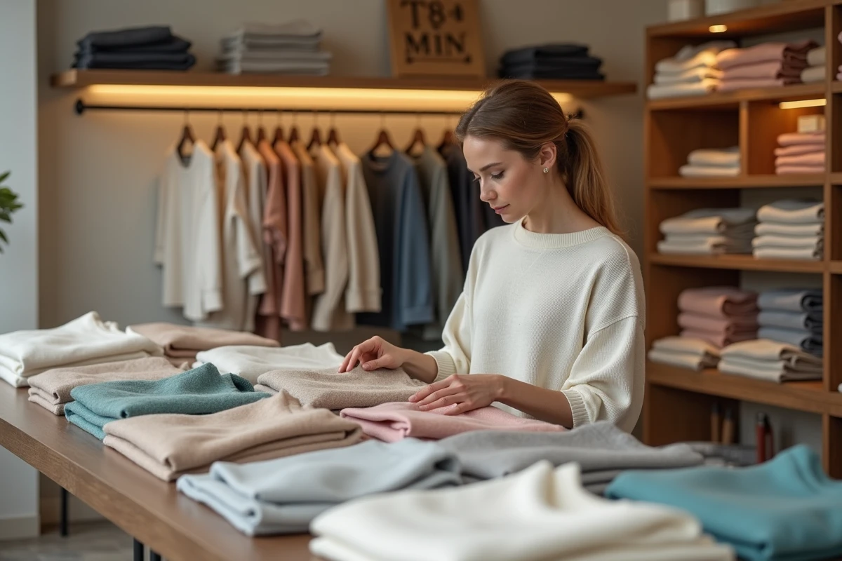 Jeune femme regardant des pulls et chemises en magasin moderne