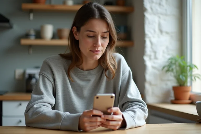 Femme dans la cuisine regardant son smartphone