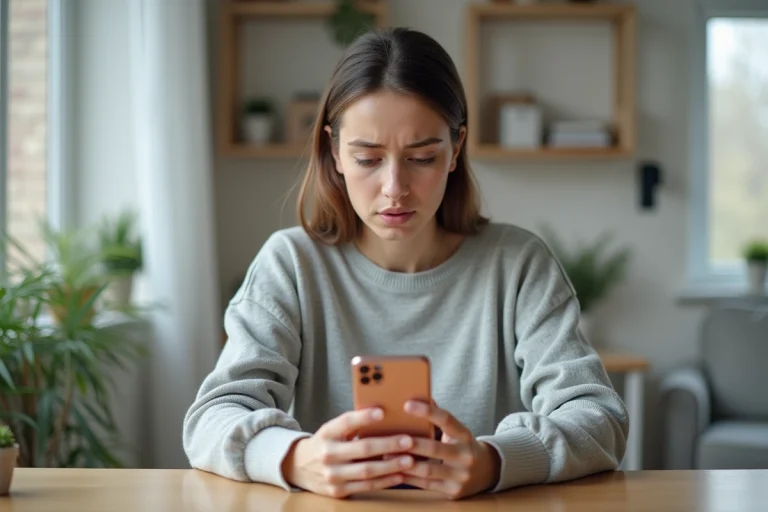 Jeune femme consultant son smartphone pour éviter les erreurs de GIFs dans ses stories Instagram