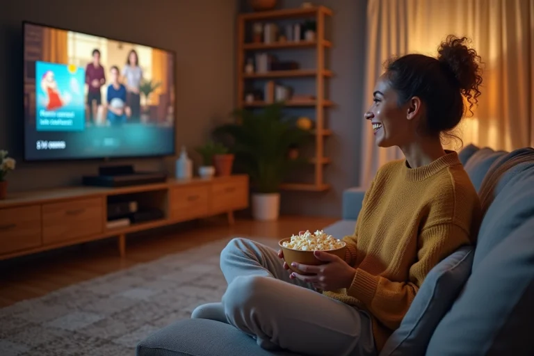 Jeune femme regardant un film en streaming sur sa télévision depuis son canapé avec du popcorn