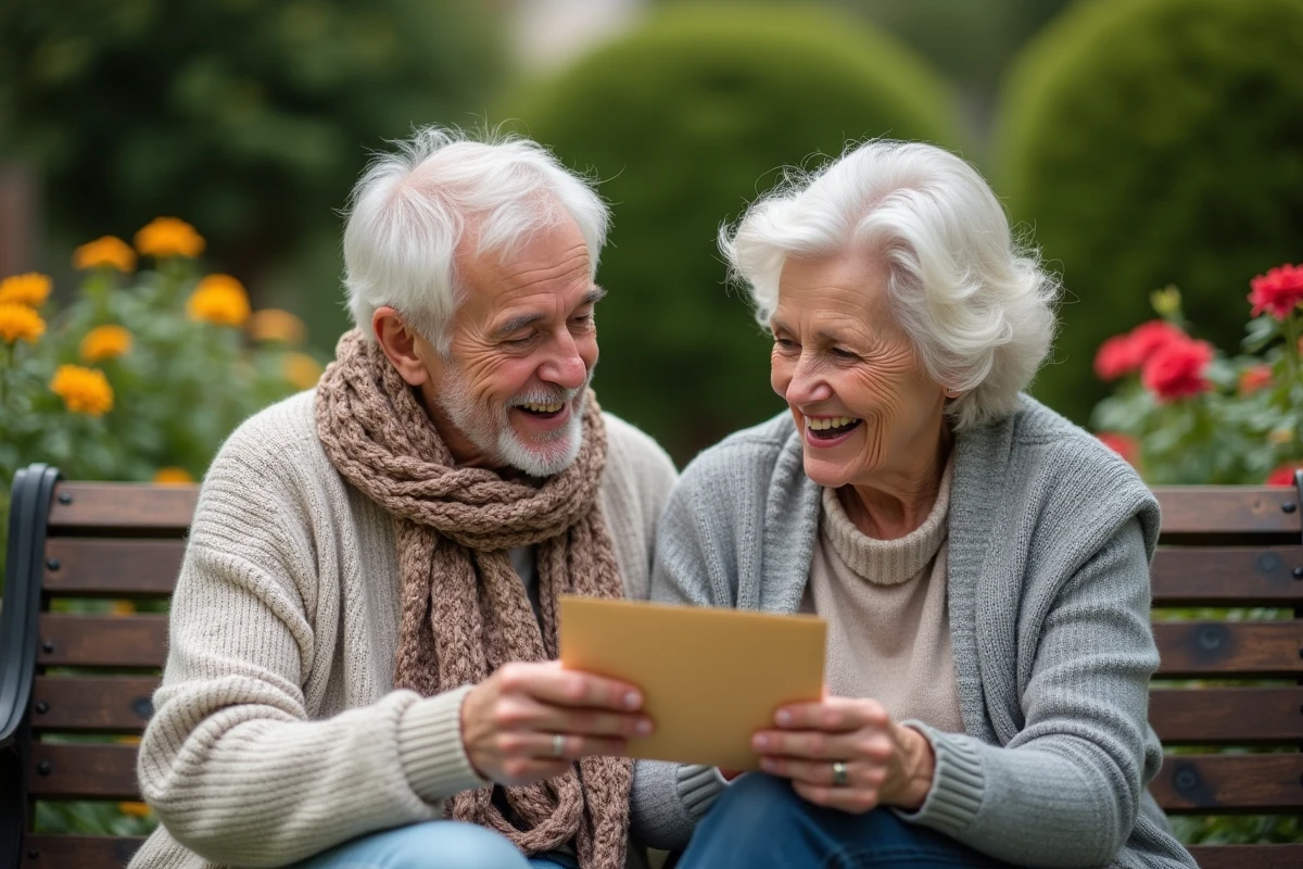 Femme âgée offrant une lettre d amour à son mari dans le jardin