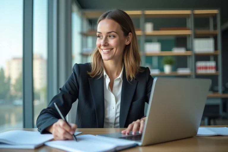 Femme souriante en bureau moderne lors d'une formation en ligne