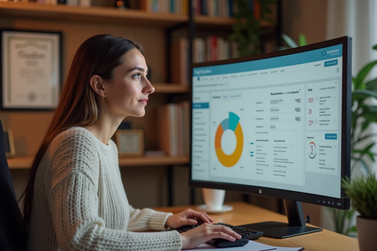 Jeune femme professionnelle utilisant un tableau de bord RH à son bureau