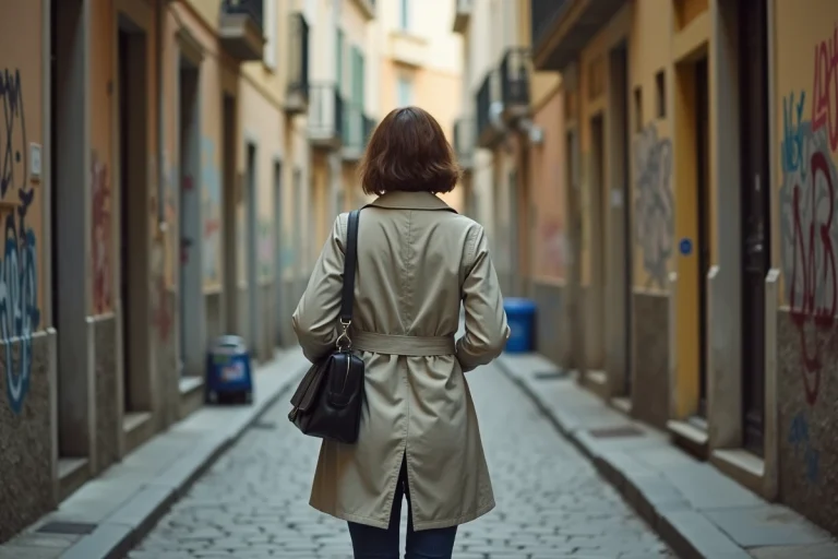 Femme urbaine marchant dans une ruelle graffittee a Nice