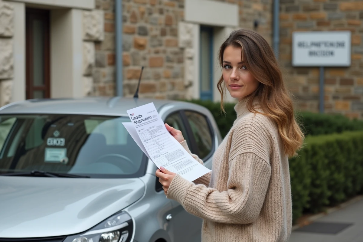 Jeune femme vérifiant un formulaire Cerfa devant la préfecture