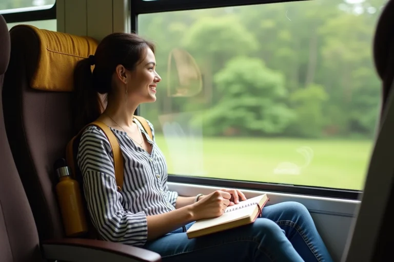 Jeune femme souriante dans un train regardant la campagne