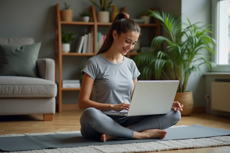Femme en yoga dans un salon cosy avec ordinateur