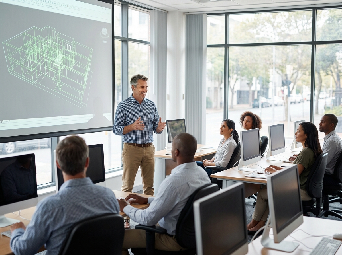 Formateur en 3D expliquant un modèle wireframe en classe