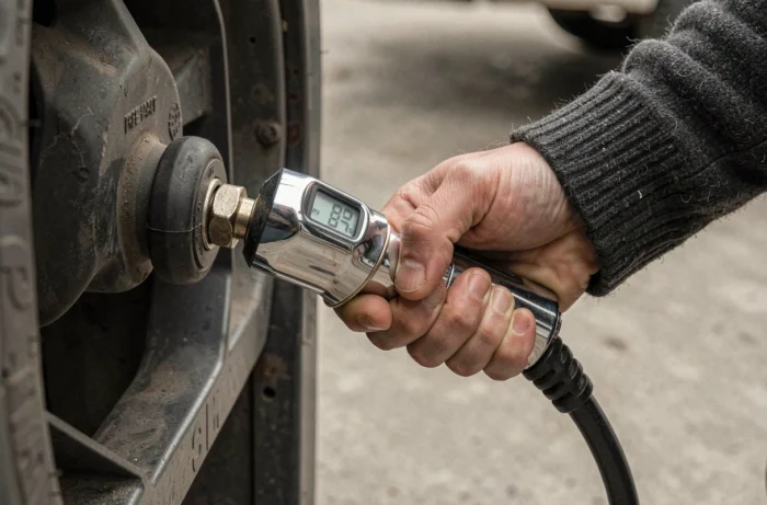 Gros plan sur un embout de gonfleur numérique connecté à une valve de pneu avec affichage de pression