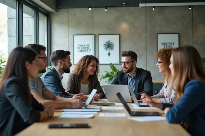 Groupe de professionnels divers en réunion dans un bureau moderne