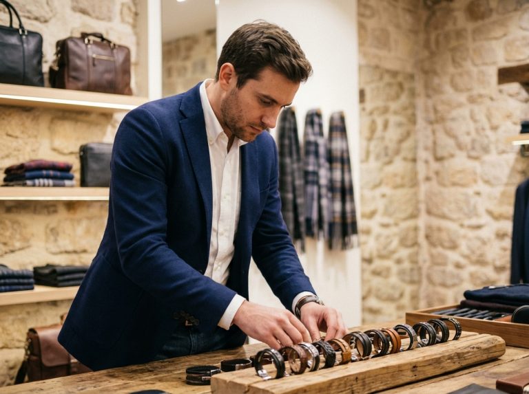 Homme élégant examinant des bracelets dans une boutique