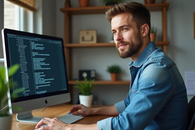 Homme en denim au bureau utilisant un ordinateur