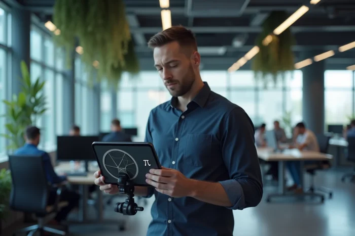 Homme en bureau moderne consultant une application de calcul de surface de cercle sur une tablette, dans un environnement de travail contemporain