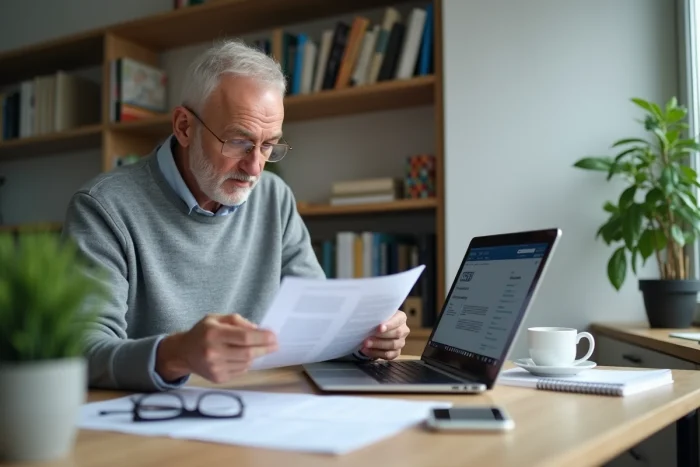Homme consultant un document CESU sur ordinateur, recherche sur le code NAN et les démarches administratives