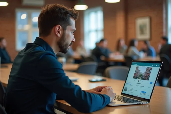 Homme travaillant sur l'intégration de GIFs dans des stories Instagram depuis un espace de coworking