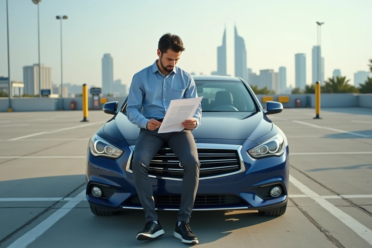Homme d age moyen lisant documents dans parking
