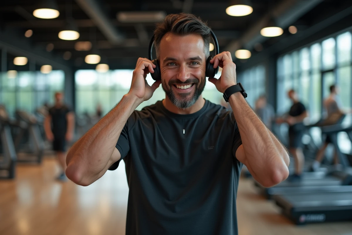 Homme ajustant ses écouteurs dans une salle de sport moderne