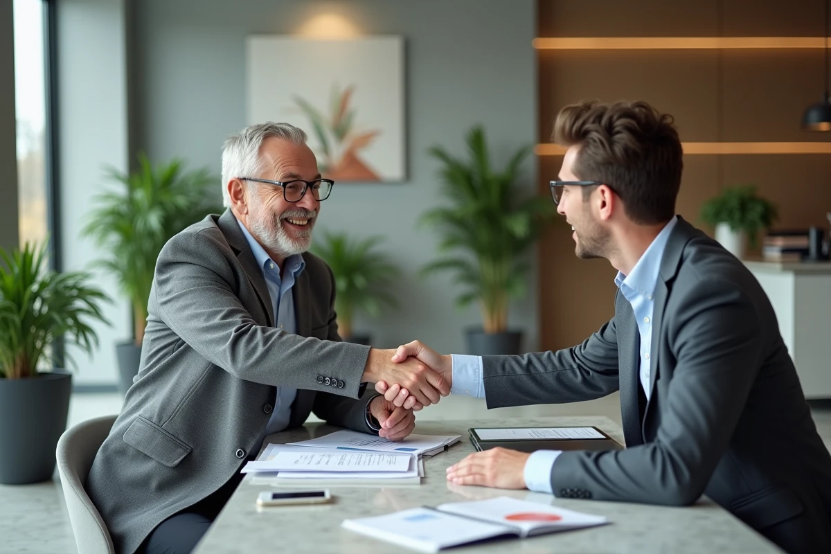 Homme d age serrant la main d un conseiller bancaire dans une agence