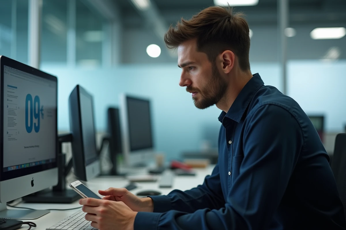 Homme au bureau tapant un numéro de téléphone