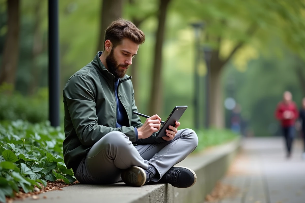 Homme travaillant sur tablette dans un parc verdoyant
