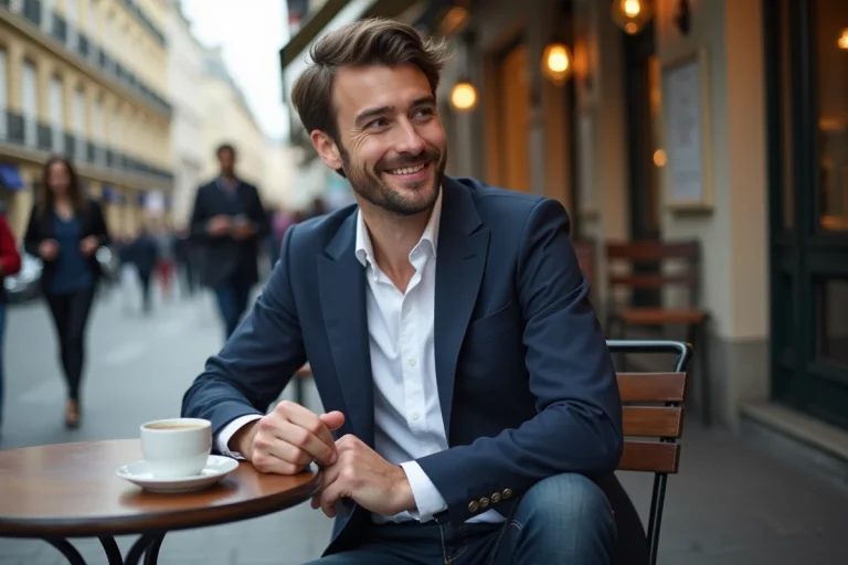 Homme français en blazer assis dans un café parisien