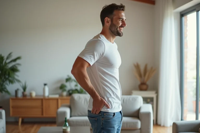Homme en posture correcte avec t-shirt moderne et jeans