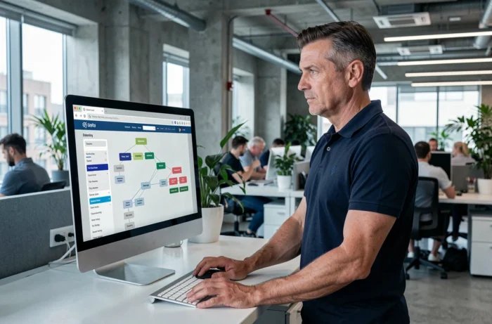 Homme professionnel consultant le plan du site d'un site sportif sur grand écran