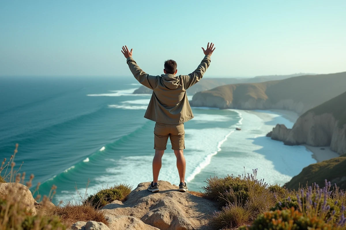 Homme en randonnée sur une falaise face à la mer