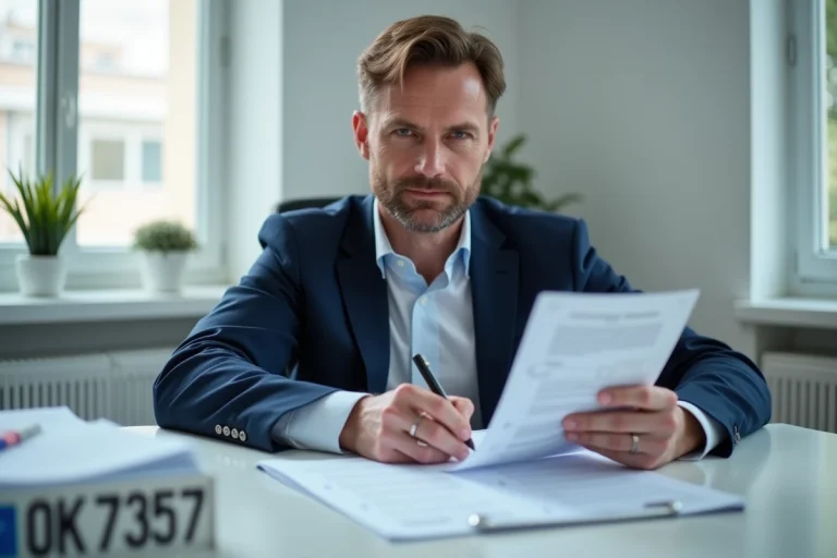 Homme d'âge moyen remplissant un formulaire Cerfa 13757 au bureau