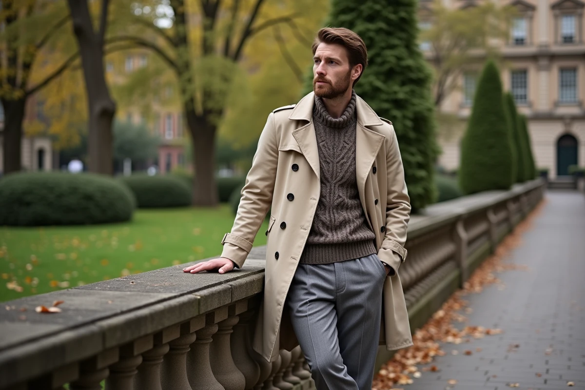 Homme élégant dans un parc urbain avec trench et architecture