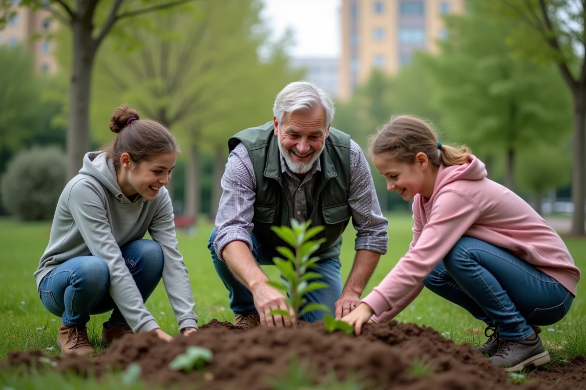 Homme senior plantant un jeune arbre avec des adolescents dans un parc