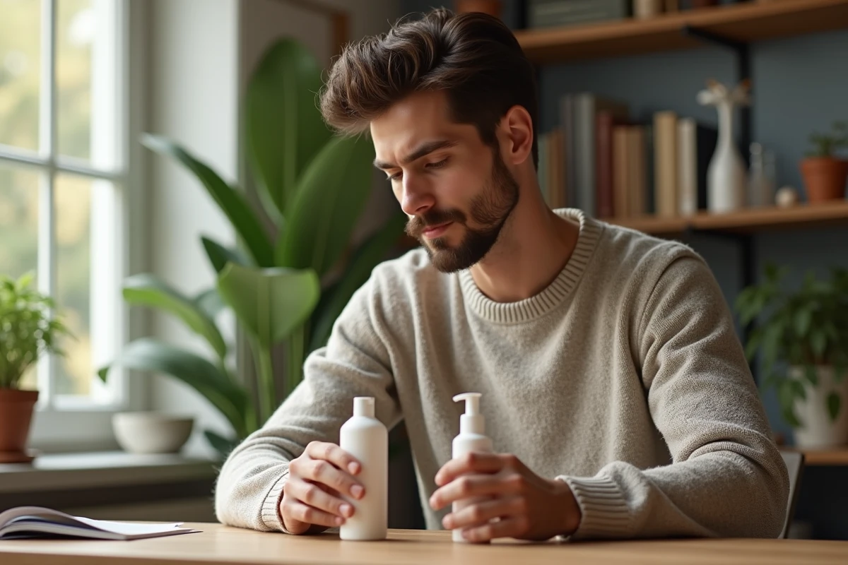 Homme tenant deux bouteilles de soins visage