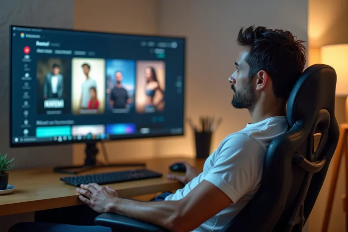 Homme regardant une plateforme de streaming sur un écran d'ordinateur dans un bureau à domicile moderne