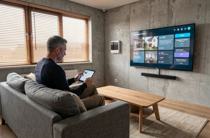 Homme contrôlant sa maison intelligente depuis une tablette dans un salon contemporain avec thermostat connecté