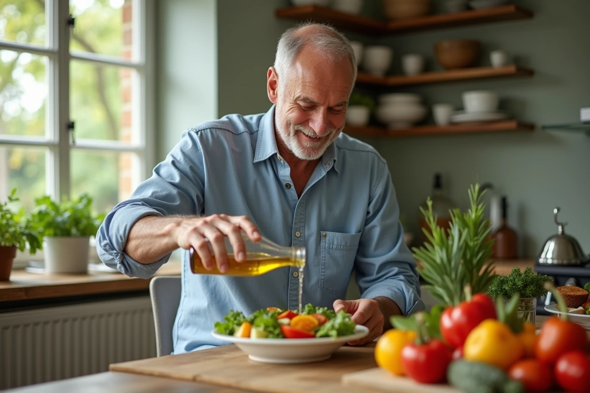 Homme versant de l huile dans une salade fraîche