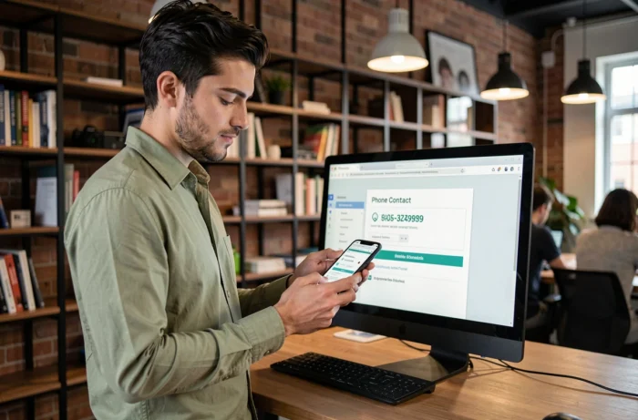 Jeune professionnel comparant les informations de contact d'un site web sur ordinateur et smartphone