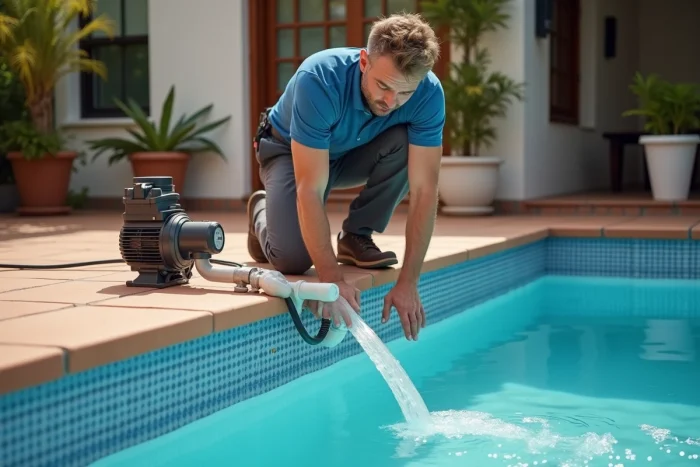 Installateur professionnel ajustant le système de filtration d'une piscine hors-sol composite sur une terrasse carrelée