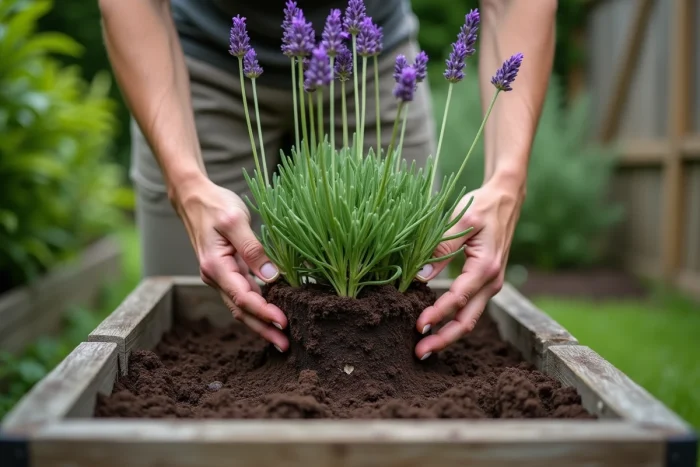 Mains d'un jardinier inspectant la base et le sol humide d'un plant de lavande dans un massif surélevé en bois